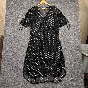 Rafaella Womens 1X Polka Dot Faux Wrap Midi Dress Black White Short Sleeve Tie